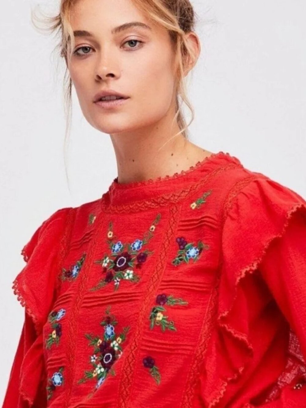 Free People Amy Embroidered Ruffle Blouse S Red Floral Boho